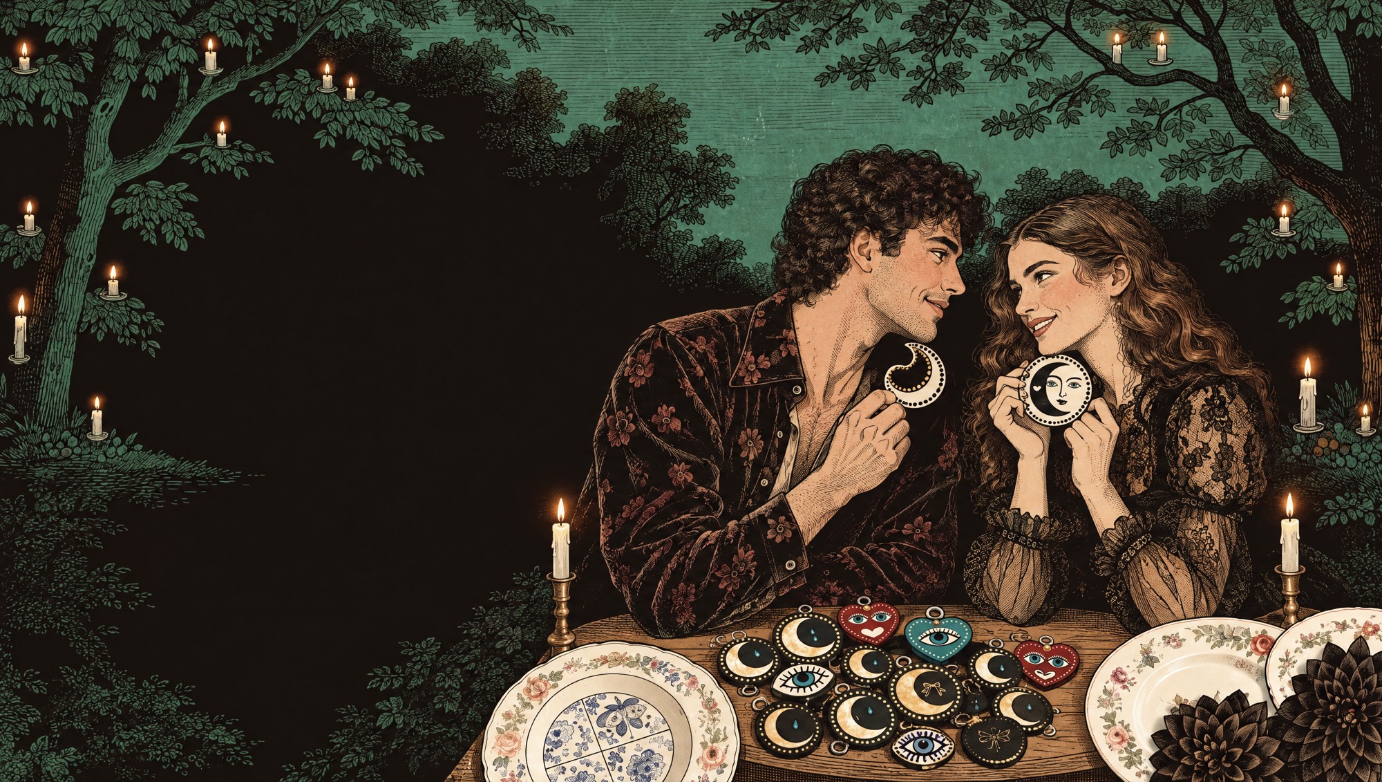 A couple in a candlelit garden laughing over a table of hand-painted love charms