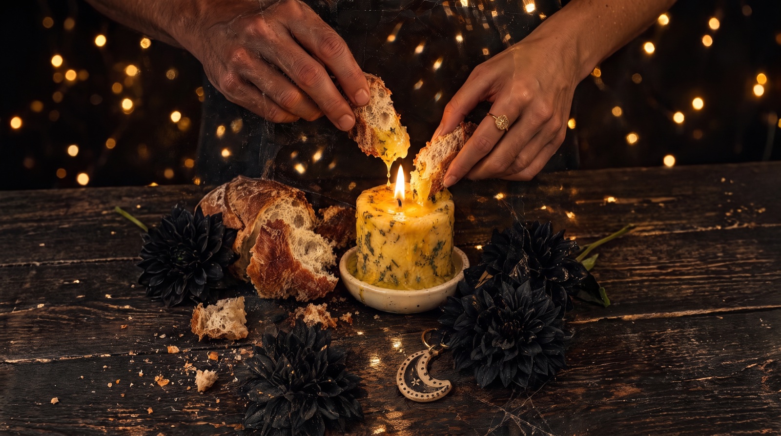 Two hands tearing warm-looking bread beside a lit herb butter candle on a dark wooden table