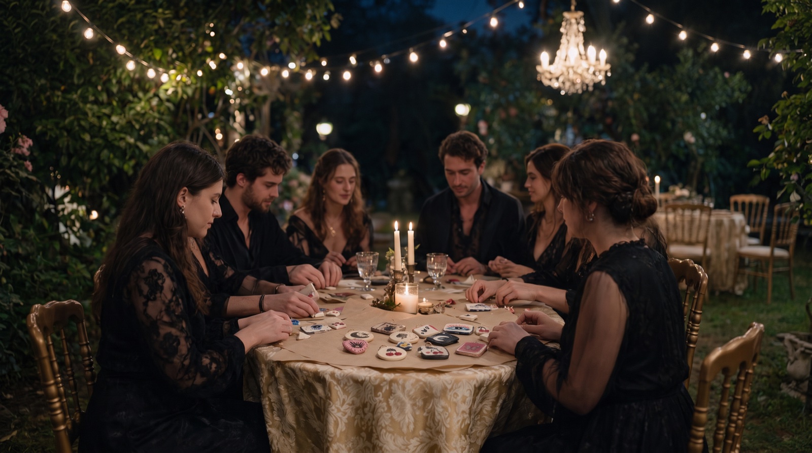 Couples painting love charms around a candlelit round table in a Hollywood garden at a couples craft night in Los Angeles