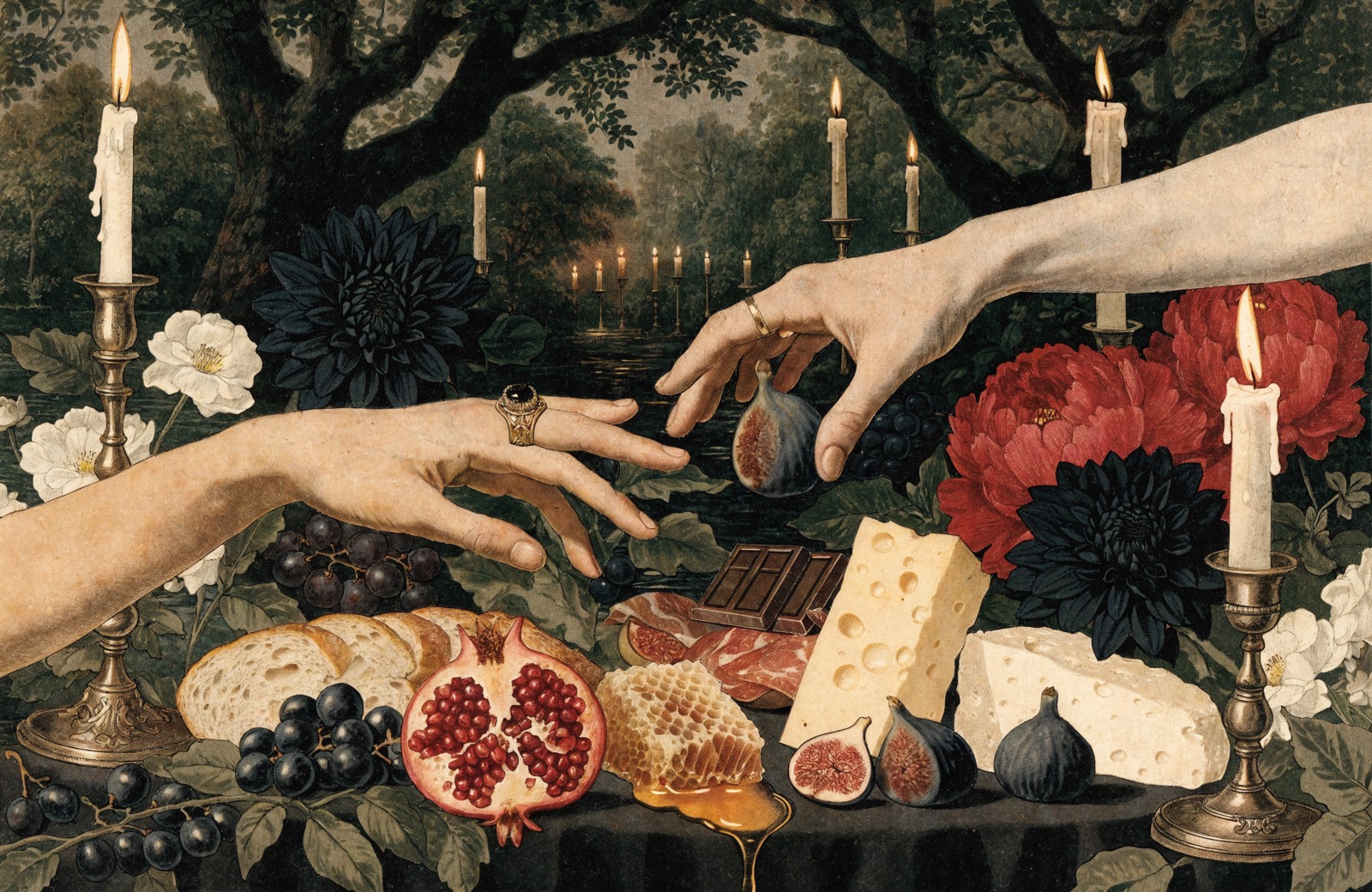 Two hands reaching across a candlelit grazing table of figs, cheese, honeycomb, pomegranate and chocolate