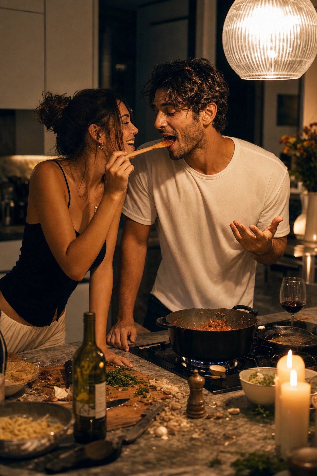 A couple laughing while cooking together by candlelight