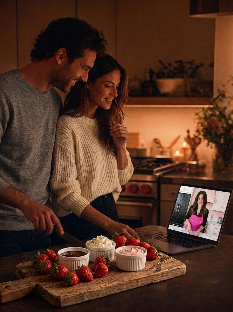 A couple dancing in their kitchen mid-recipe