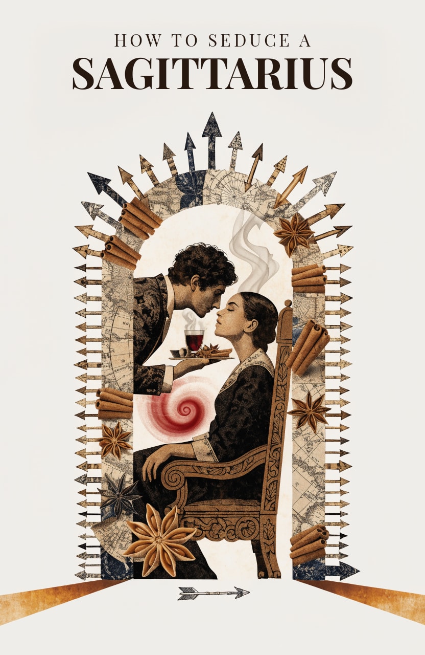Collage of a couple sharing a glass of red wine under an arch of arrows, cinnamon and star anise